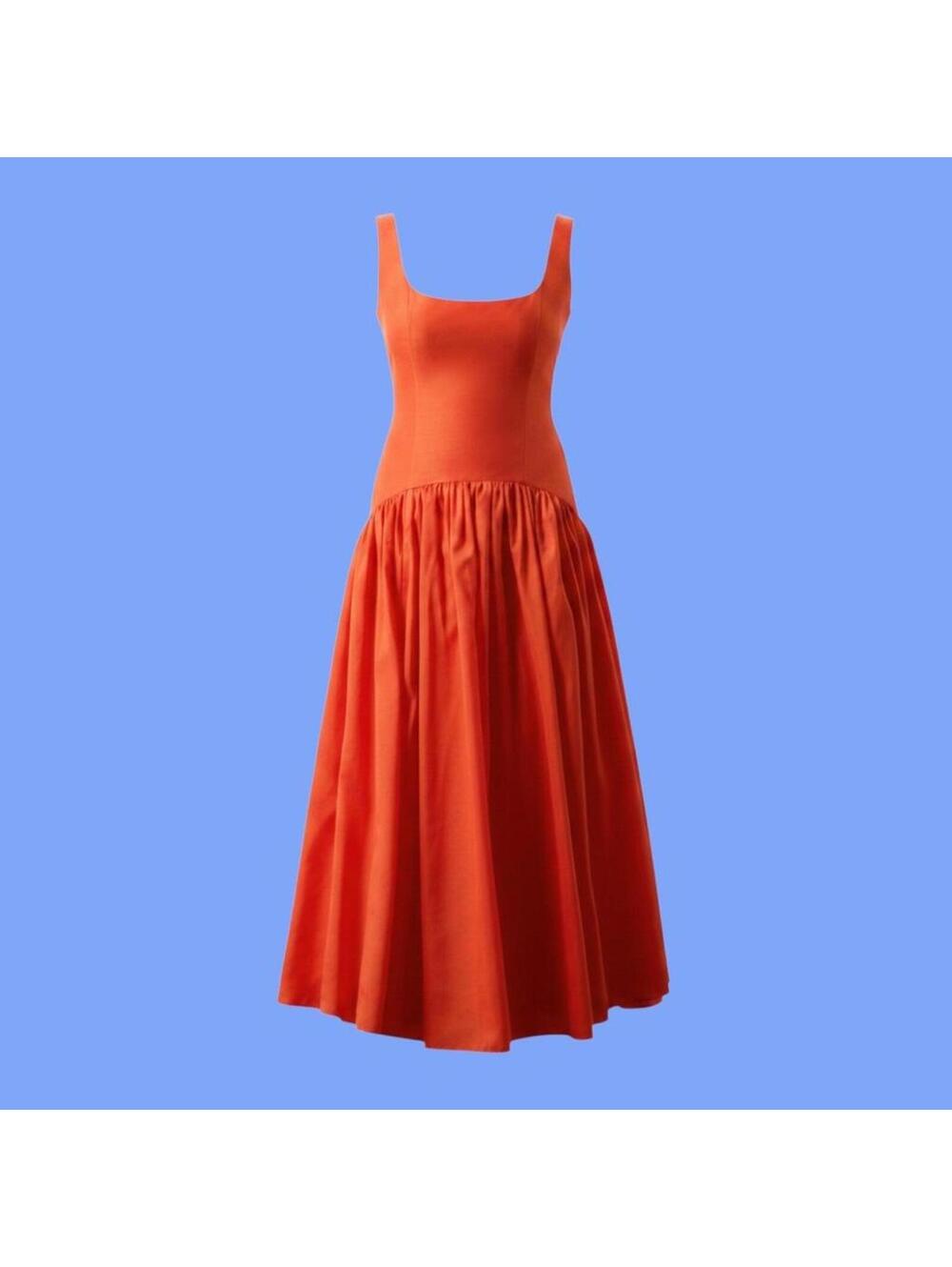 Hutch Drop-Waist Orange Midi Dress with Fitted Bodice and Full Skirt